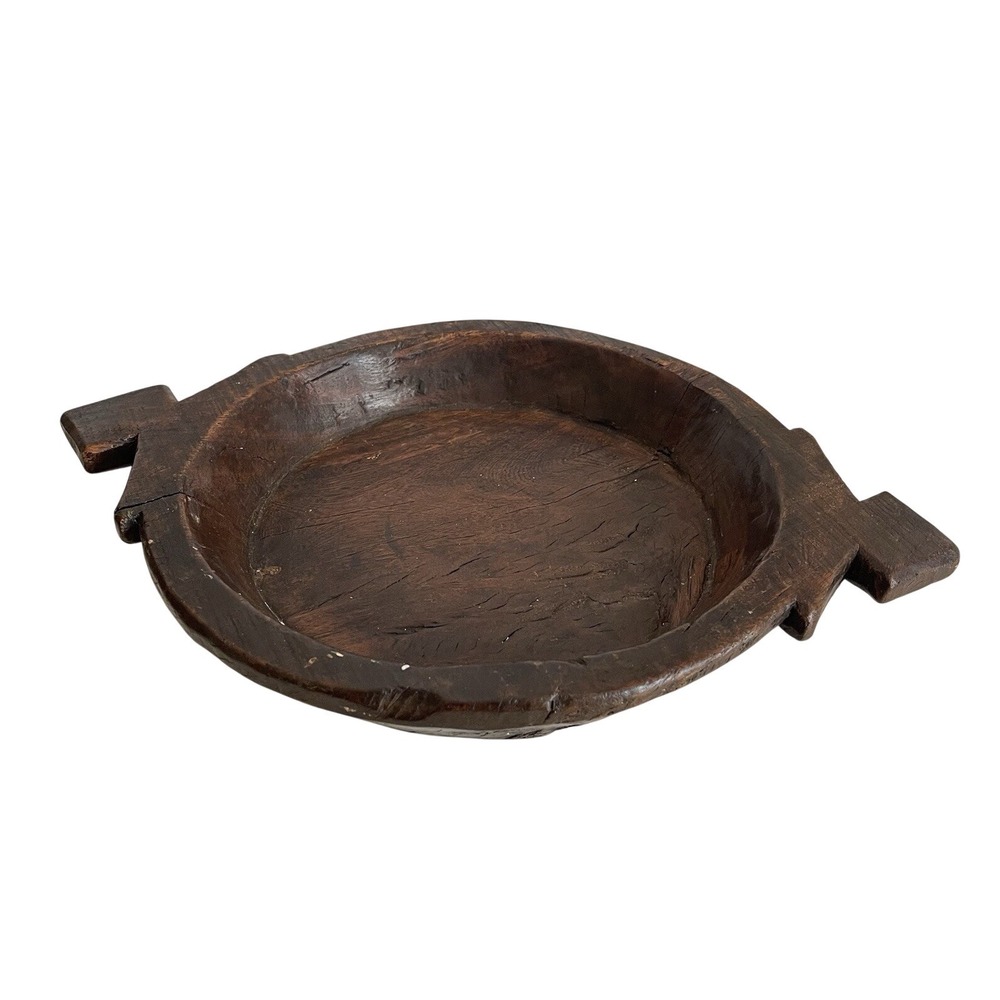 Vtg Wood Dough Bowl Rustic Hand Carved Primitive Wooden Handled Trough Knead 17"